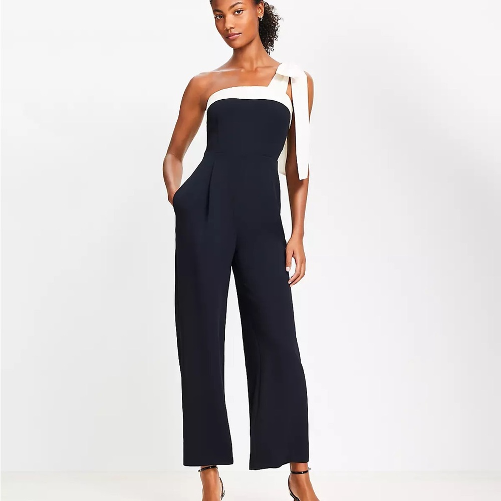 LOFT Black and Cream One-Shoulder Jumpsuit NWT